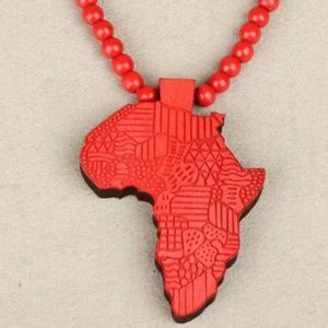 Africa Wood Pendant Necklace With Bead Chain Red